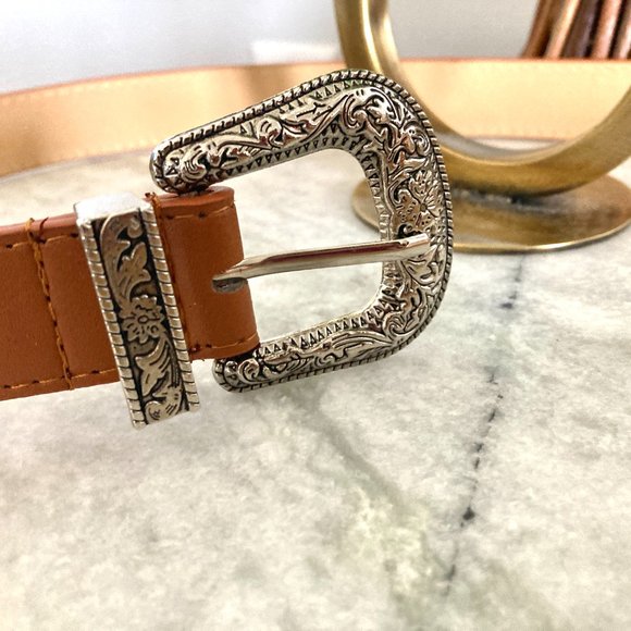 Western Belt Vintage Vegan Leather Camel Brown - Picture 6 of 8